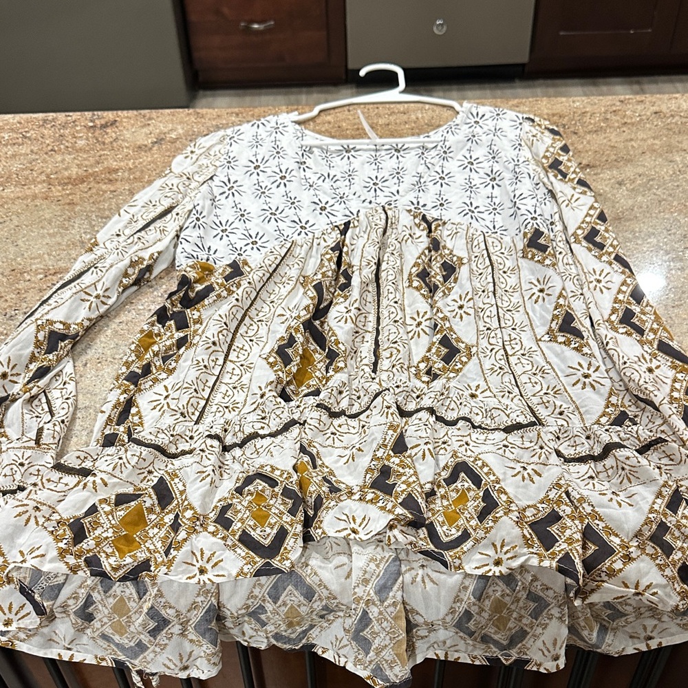 Free People Cream and Brown Patterned Blouse